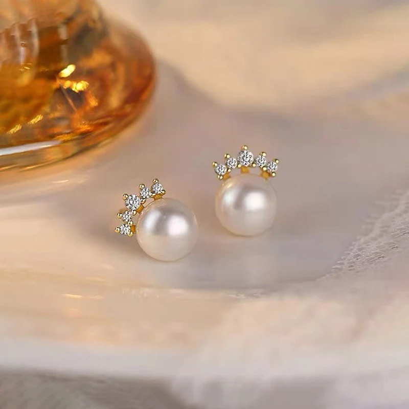 

Real 925 Sterling Silver Zircon Pearl Mini Stud Earrings For Women Cute Fine Jewelry Small Niche Luxury 14k Gold Accessories