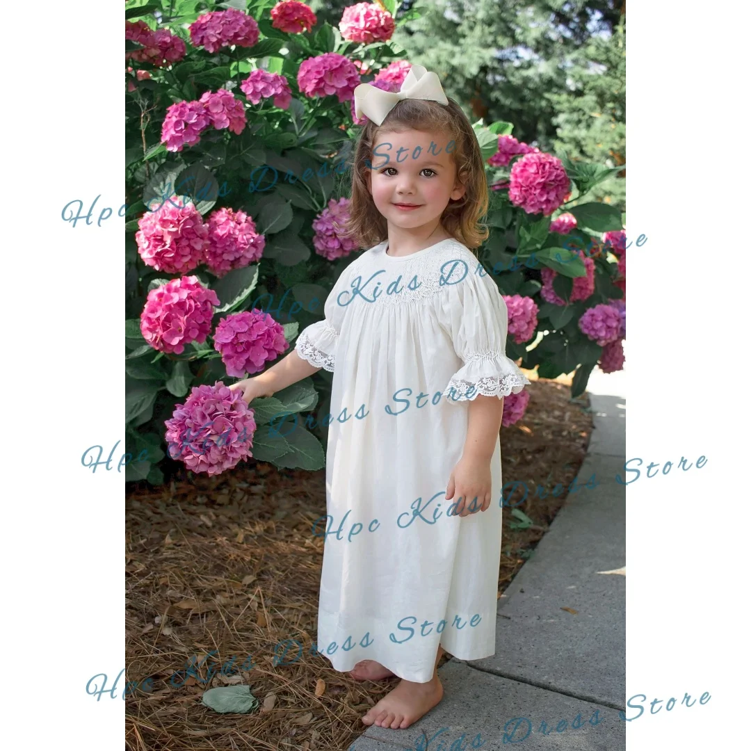 Custom White Lace Flower Girl Dress Ruffle Sleeve Cotton Kids Wedding Party Outfit