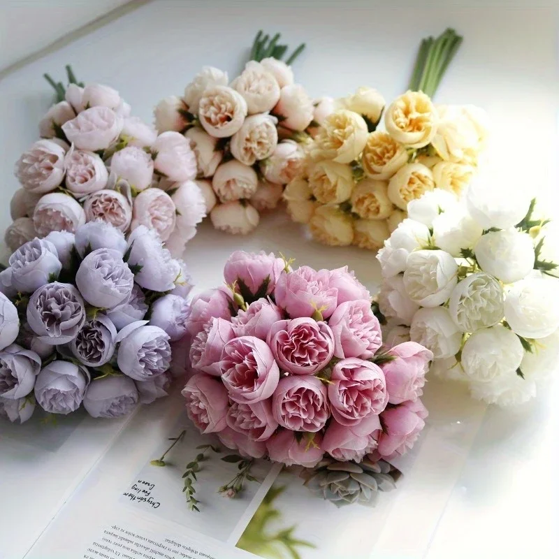 Flores artificiales de seda de peonía, 27 cabezas, ramo de novia, decoración navideña para boda, decoración de mesa de fiesta en casa, flor falsa