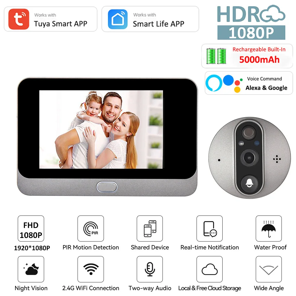 Top Smart Tuya 1080P WiFi Door Bell Eye Peephole Camera 5000mAh Audio 4.3' PIR FHD Infrared Alexa Google Announcement