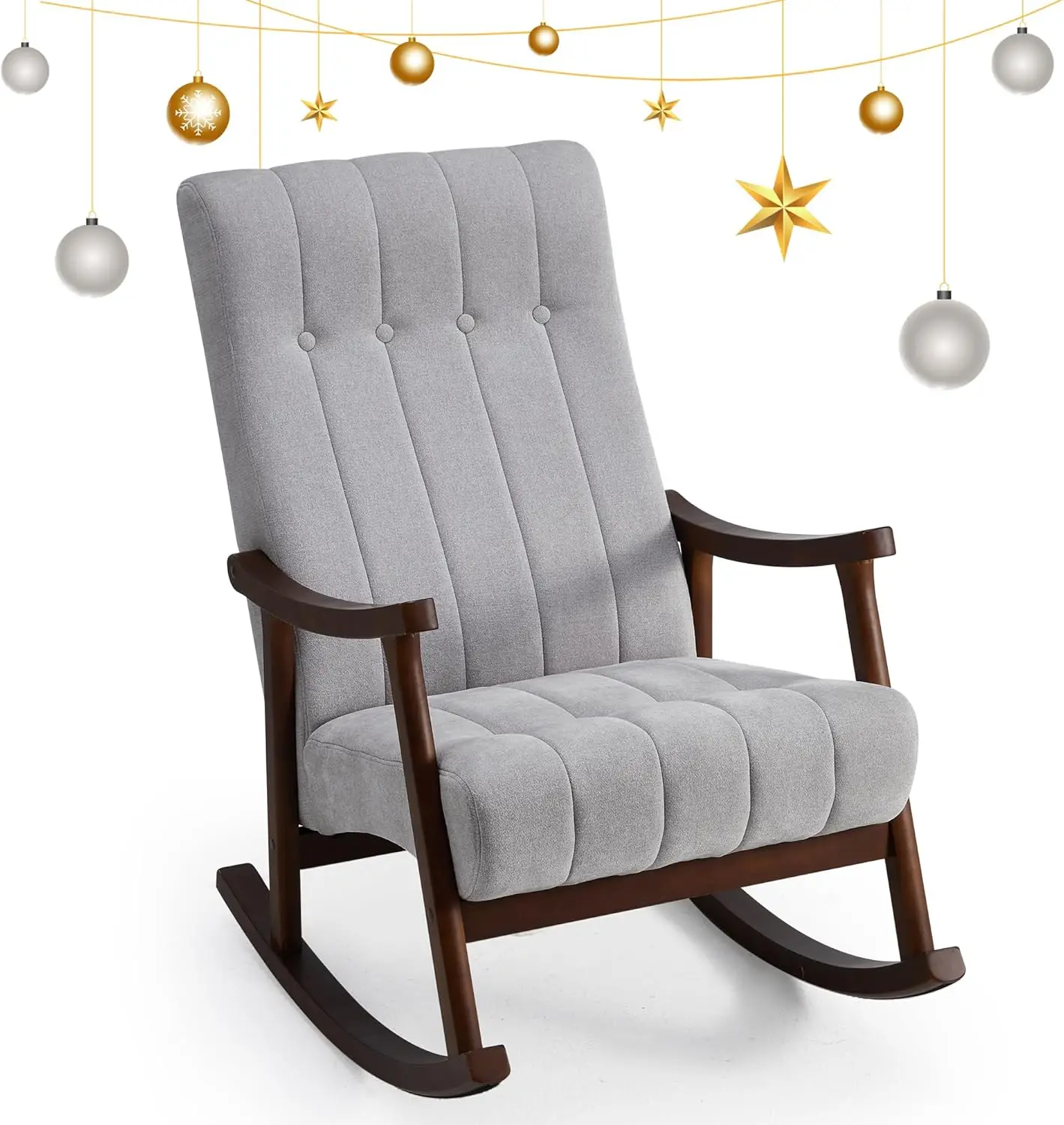 كرسي مع مقعد مبطن بالقماش، خشب متين مريح لغرفة المعيشة، كرسي بذراعين حديث عالي الظهر للبالغين، رمادي فاتح