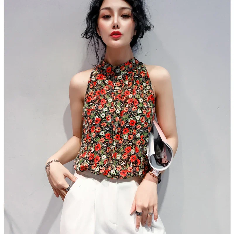 Women Button Blouses Shirt Loose Floral Female Top Summer Blusas Female Sleeveless Chiffon Shirts Camisas Mujer Pink 2024 New