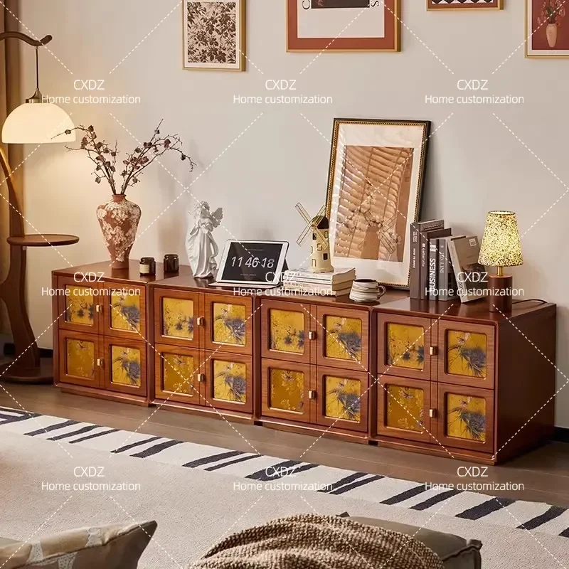 Solid Wood Fragrant Cloud Yarn Medieval Chest Cabinet Module Combination Living Room Card Door Cabinet New Chinese TV Cabinet