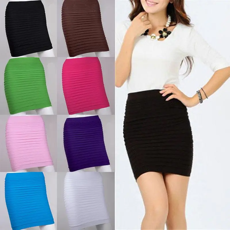 2019 Nuovo Pannello Esterno di Estate di Alta Elastico In Vita Gonna A Pieghe di Colore Della Caramella Skinny Mini Pannelli Esterni Sexy Nero Office Lady Pencil Skirt