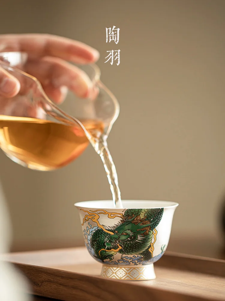 Gilded Master Single Pure Silver Ceramic Qinglong Bowl Personal Special Kung Fu Tea Set Cup