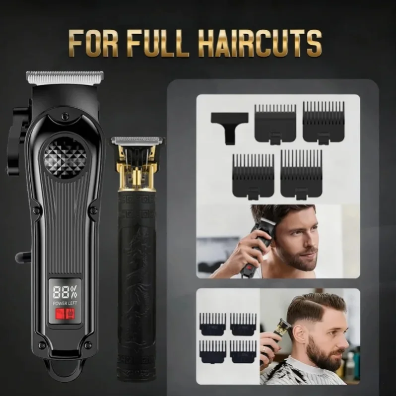 Professionelles kabelloses Haarschneidegerät-Set, Maschine für Haarschnitte, digitaler Display, Haarschere, elektrischer Haarschneider, dreiteiliges Set