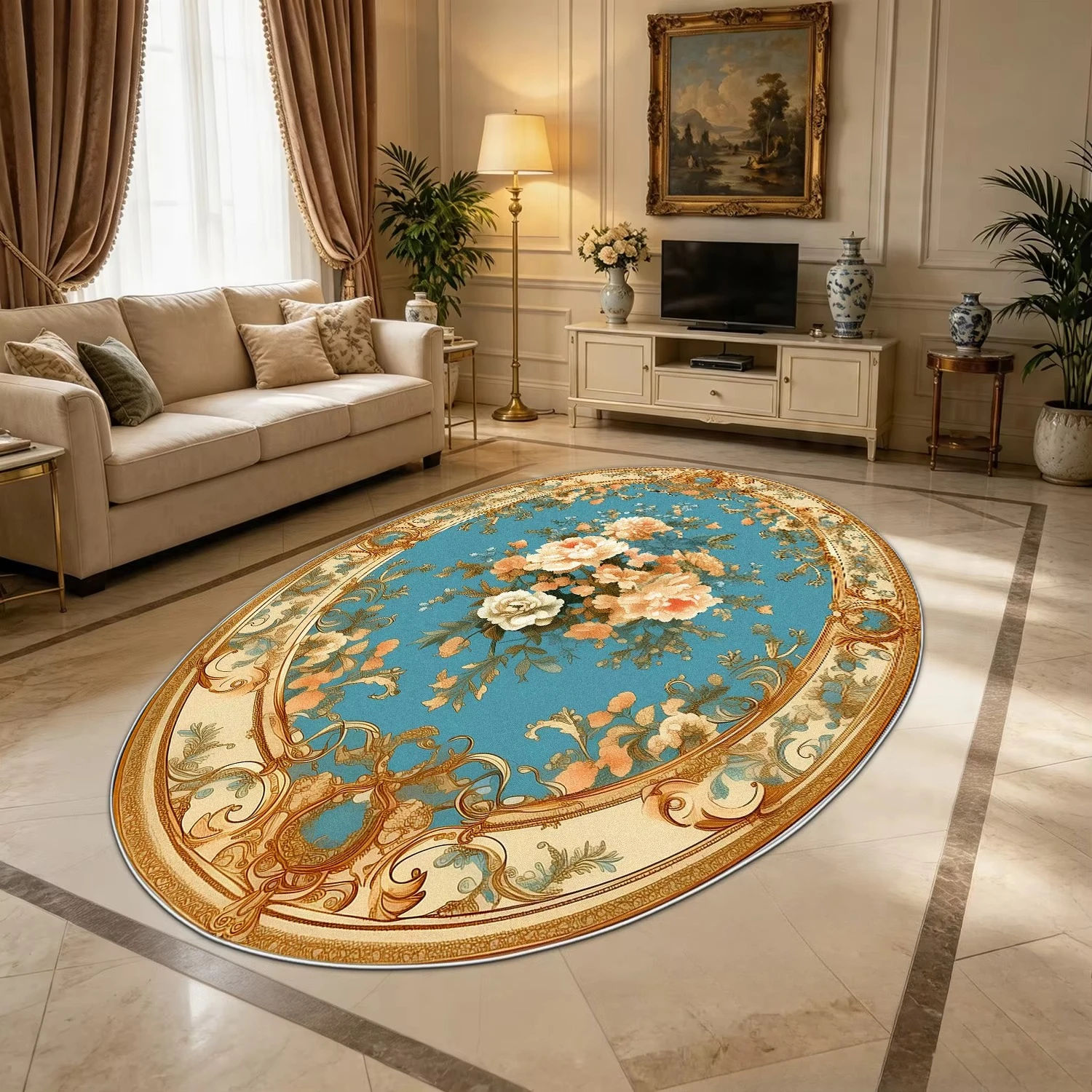 European Style Rococo Floral Living Room Oval Carpet Fluffy Foldable European Tatami Mat Washable Short Velvet Coffee Tables Rug