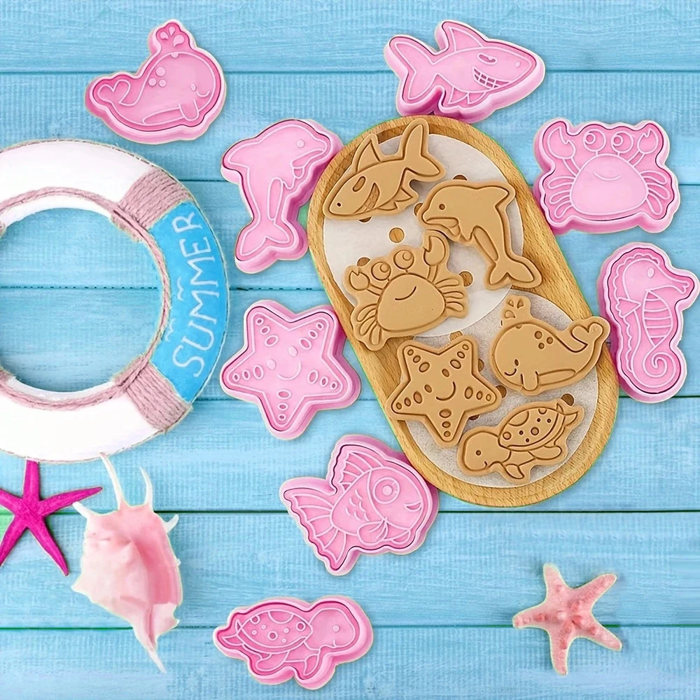 8Pcs Marine Animals Cookies Cutters Cartoon Pressable Biscuit Mold Confectionery Cookie Cutter Stamp Kitchen Baking Pastry Tools