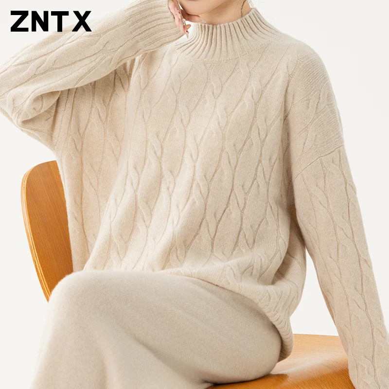 ZNTX Pure cashmere sweater for women, thickened thick needle high neck, winter warm base sweater for girls, pullover casual