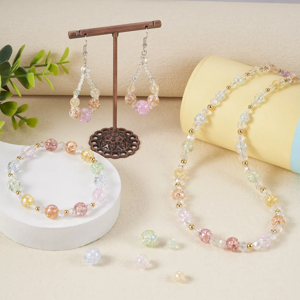 4 Strands Colorful AB Color Round Crackle Glass Loose Beads 4 6 8 10mm for Earrings Bracelet Diy Craft Jewelry Making