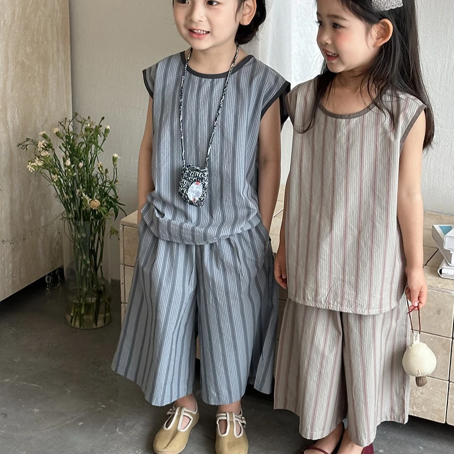 

Set 2026 Spring and Summer New Children's Wear Korean Style Boys and Girls Vertical Vest Loose Seven Minute Pants Two Sets