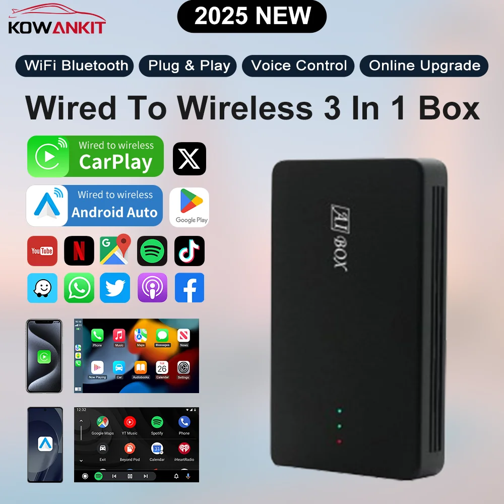 

3in1 Wireless Carplay Android Auto AI Box,Android10 4+64GB RK3328,Plug & Play Fits Cars From 2016,Support Any Apps - Z4​