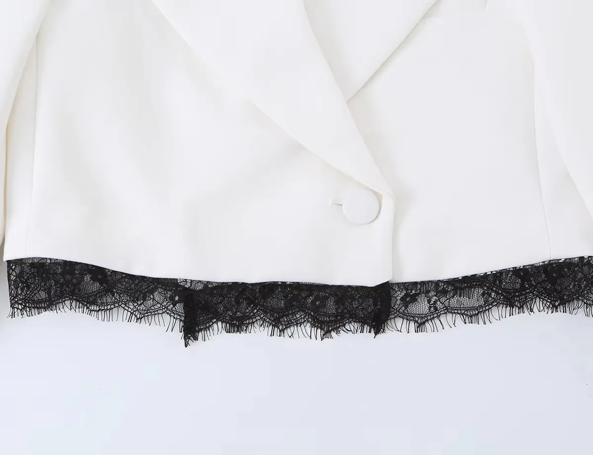 HH Damen Romantischer Spitzenbesatz Cropped Blazer Klassischer Revers-Einknopf-Mantel Mode Party Freizeit Urlaub Langarm-Jacke – Detail 8