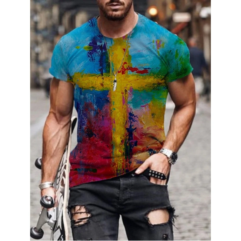 2024 Aliexpress men's T-shirt cross 3D new cotton printed round neck short sleeve fashion street trend brand T-shirt base