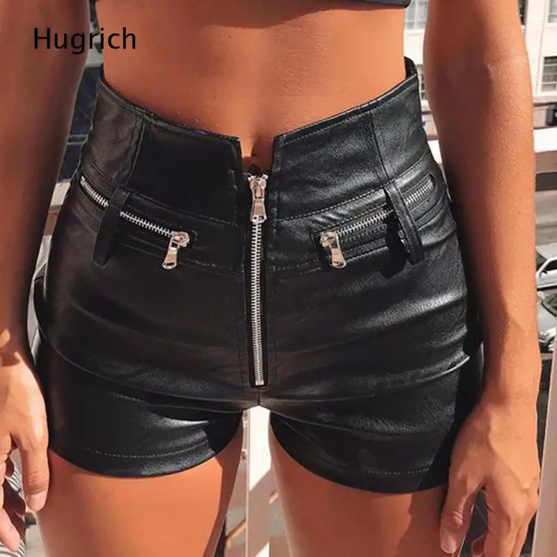Women Black High Waist Faux Leather Shorts Front & Side Zipper Pocket Moto Biker Hot Pants
