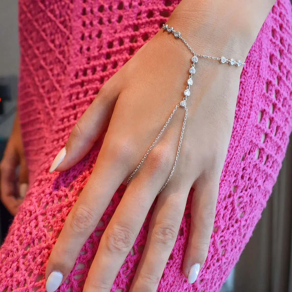 Bezel Heart Shaped Cubic Zirconia CZ Geometric Station Finger Hand Chain Bracelet For Women