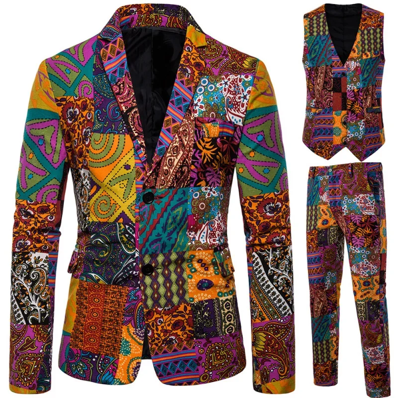 

2023 New Men's Suit Set Fashion Ethnic Style Suit Three Piece Set Casual Loose Large Versatile Colorful Set