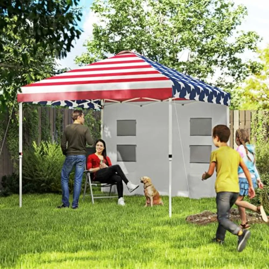 

Party tent for outdoor events, polyester fabric, red-white-blue, quick-setup with height adjustment and storage pockets