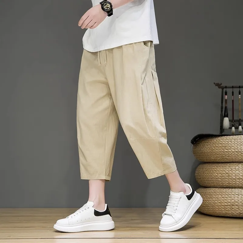 

Linen Ice Silk Men's Summer Thin Spor Loose Casual Pants Seven-Foot Cotton Linen Trousers Comfortable Breathable Lightweight