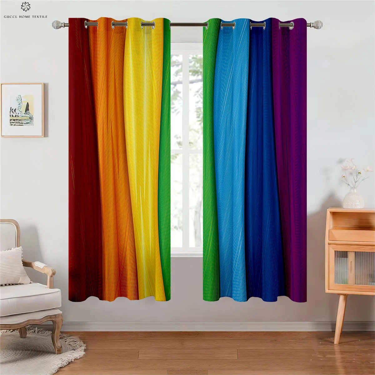 Blackout Heat Insulation Curtains, Rainbow, Shiny Color, Gradient Print, Children's Room, Living Room, Study Decoration, 2Pcs