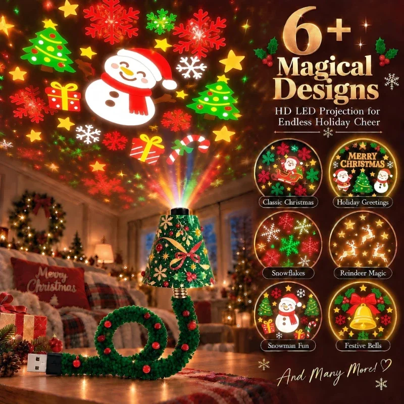 Bedroom Ceiling Christmas Projector Light USB Powered Flexible Tree Night Lamp With 6 Holiday Patterns Indoor Xmas Holiday Decor