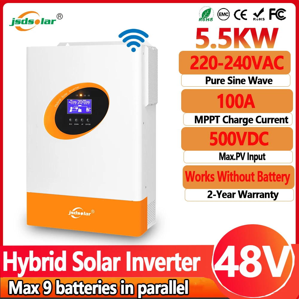 

Jsdsolar 5.5KW Гибридный солнечный инвертор Чистая синусоида Инвертор постоянного тока 48 В переменного тока 220 В MPPT 100A PV Off Grid Инвертор 500 В постоянного тока Wi-Fi параллельный