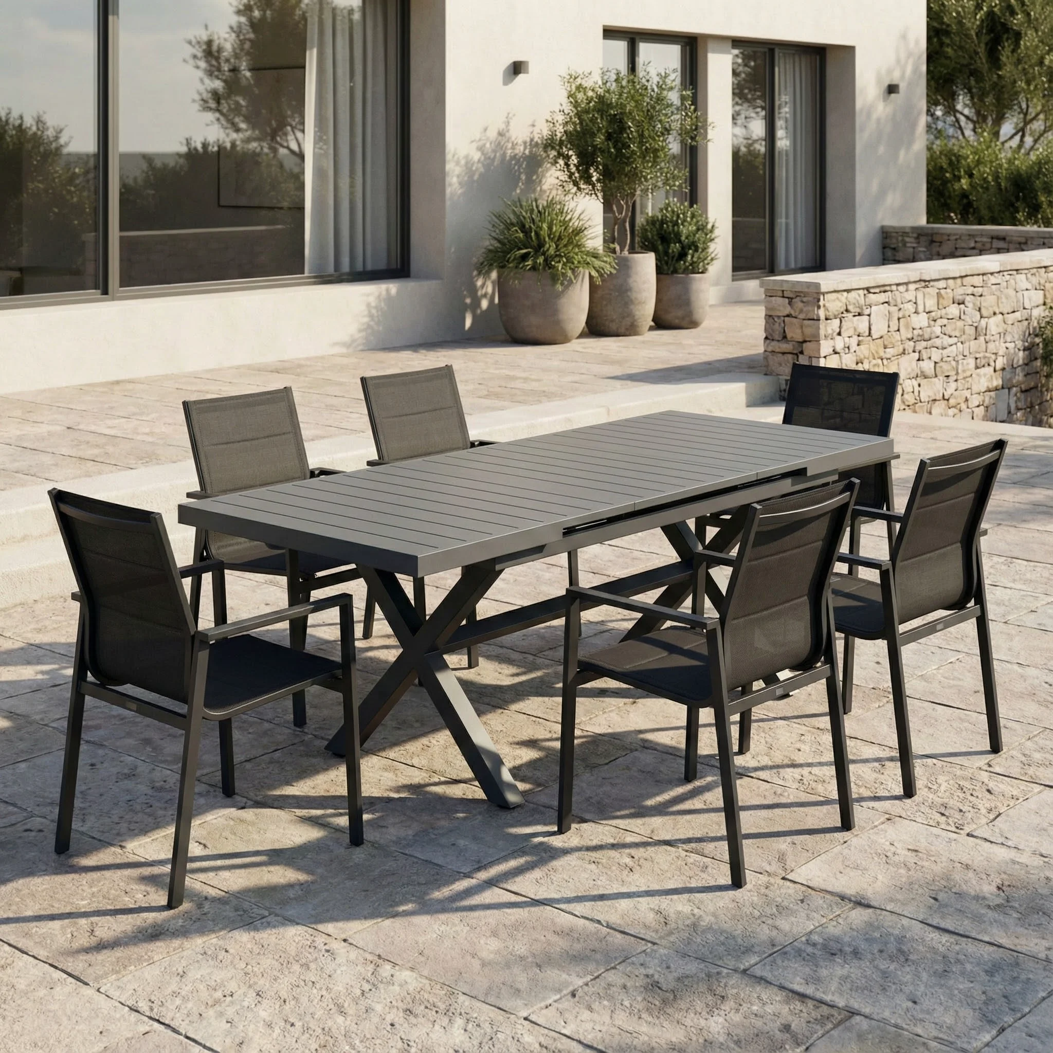 xx-Modern Aluminum Alloy Extendable Outdoor Dining Table With Waterproof Design Stackable & Lightweight For Garden/Patio Use^