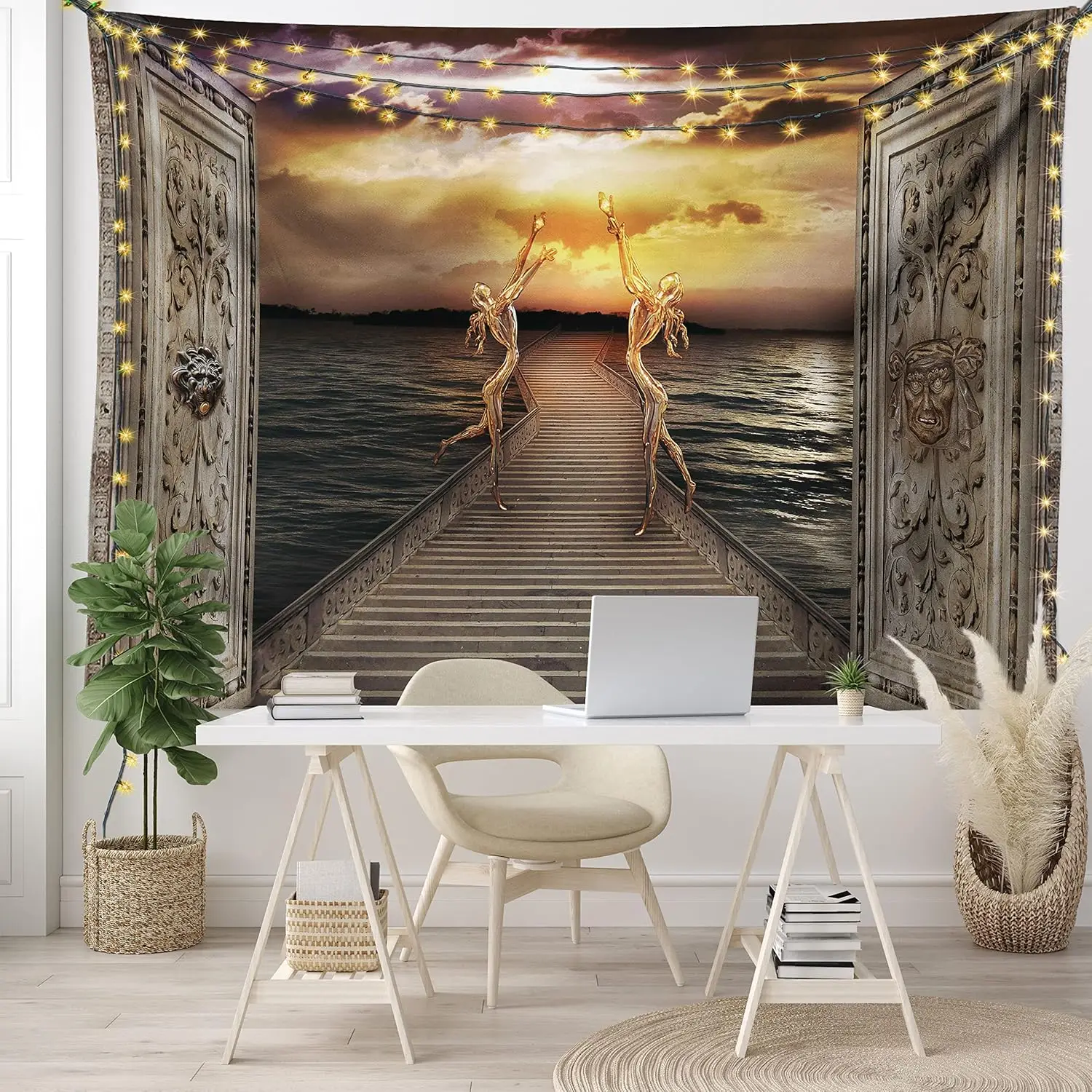Fantasy Ocean Sunset Tapestry, Vintage Stone Bridge Wall Art with Golden Statues & Cloudy Sky for Bohemian Home Aesthetic