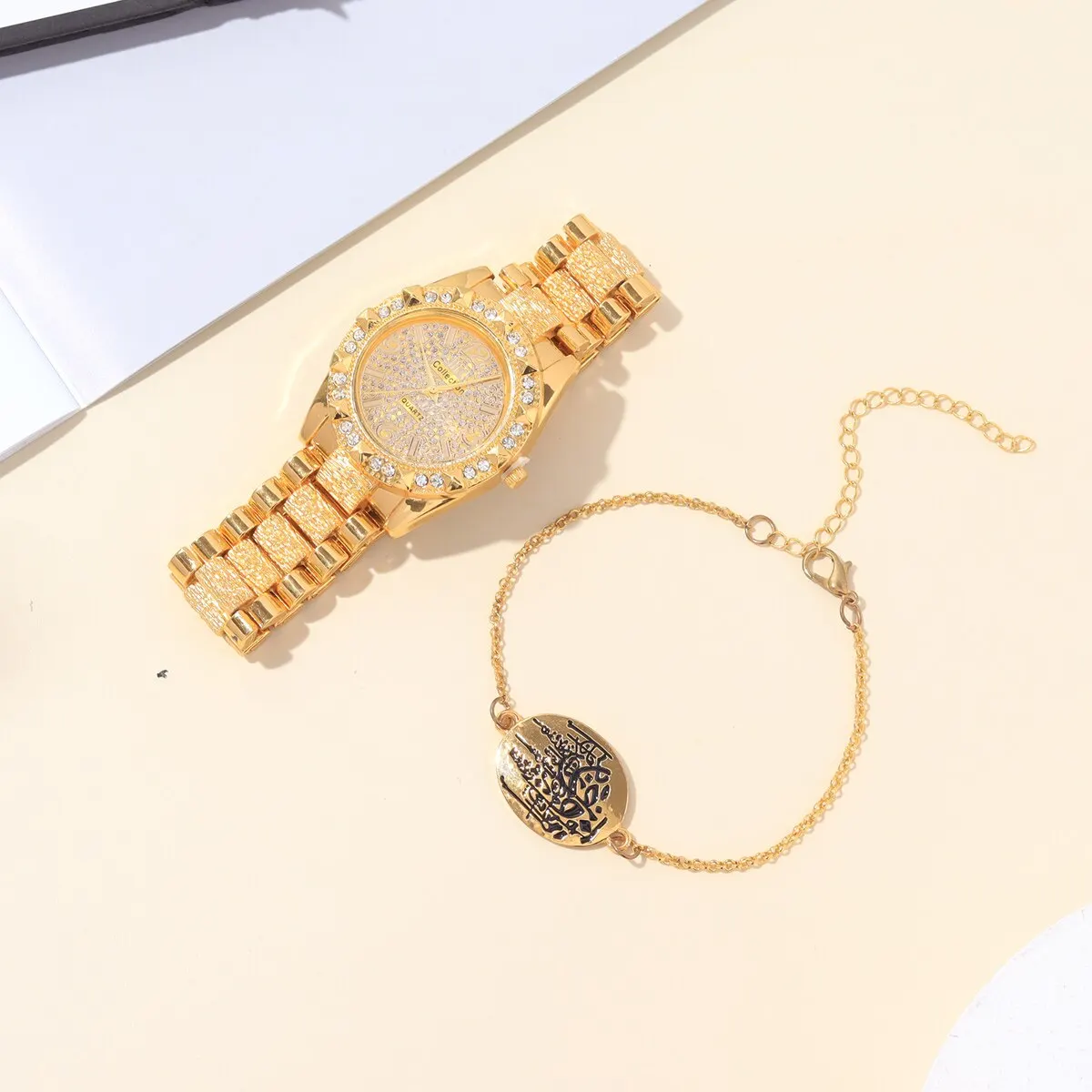 2PCs Women\'s Fashion Versatile Diamond Steel Band Gold Quartz Watch+Bracelet Set