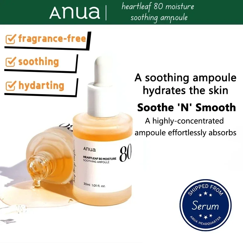 Anua Coréen HeartlePG 80% Humidité Ampoule apaisante, Produits de soins de la peau, Purifiant, Réconfortant, Sérum pour le visage, Crème blanchissante, Essence