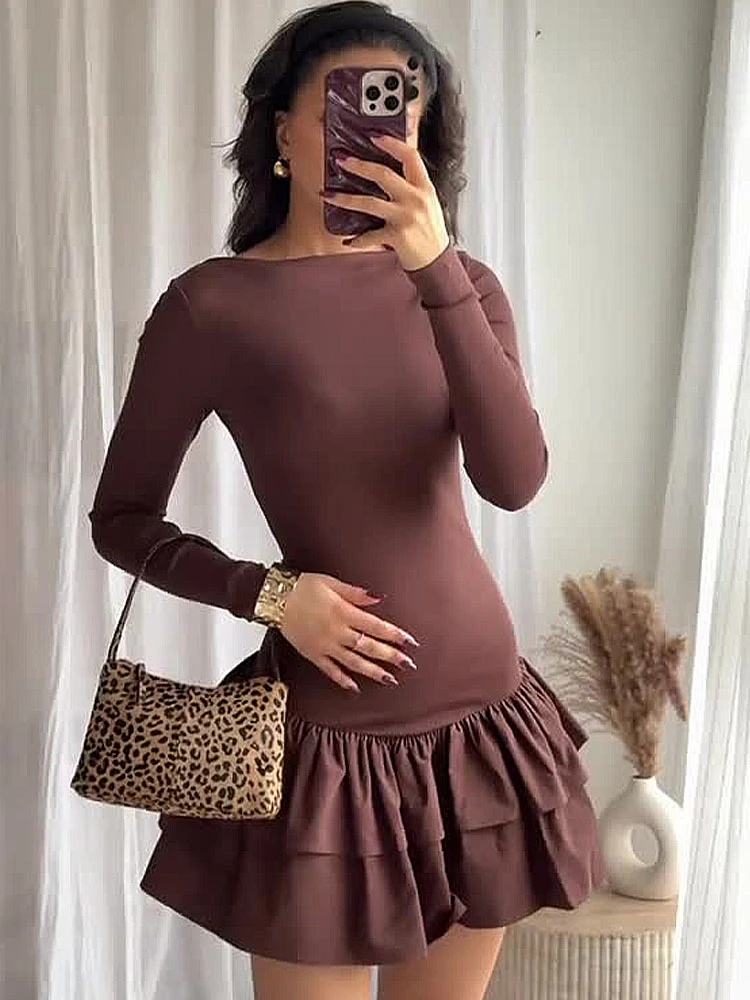 

HH 2025 Trendy Long Sleeves Solid Ruffle Cascading Boat Neck Slim Solid Mini Dresses For Women Elegant Spring Party Dress