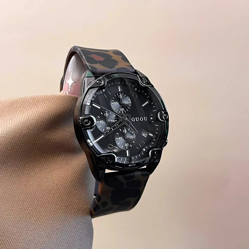New Women'S Watch With A Unique Large Dial, Leopard Print, And Rubber Strap; Multi-Functional; Trendy Watch; Watch Accessory.