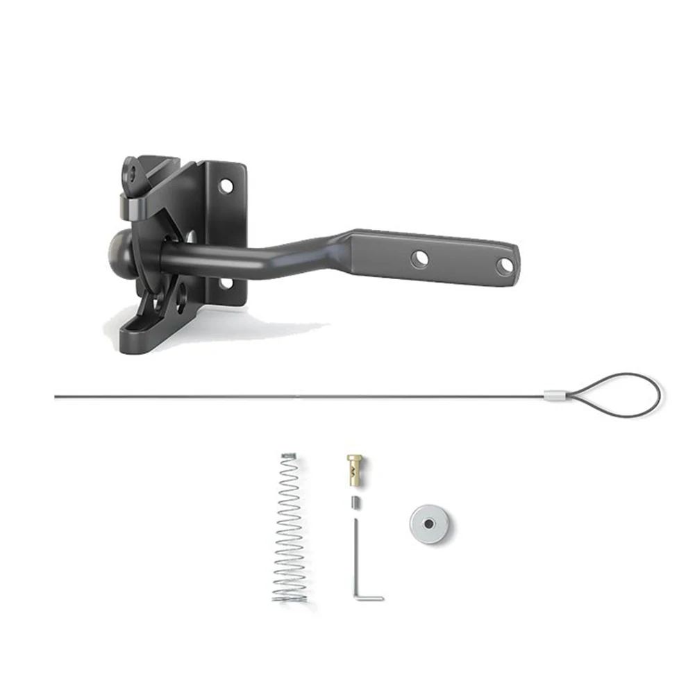 Self Locking Fence Gate Latch with Spring Loaded Gravity Mechanism and Adjustable Cable Pull for Secure Yard Door Locking