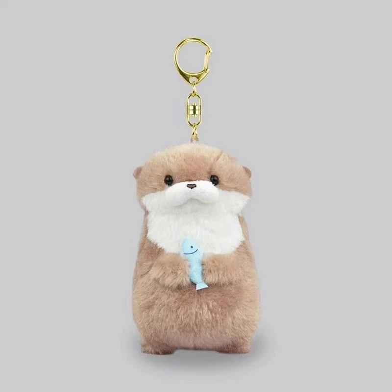 Cute Otters Plush Pendant Keychain, Chaveiros de mochila elegante, Carteira chave linda bolsa escolar, Segurando peixe