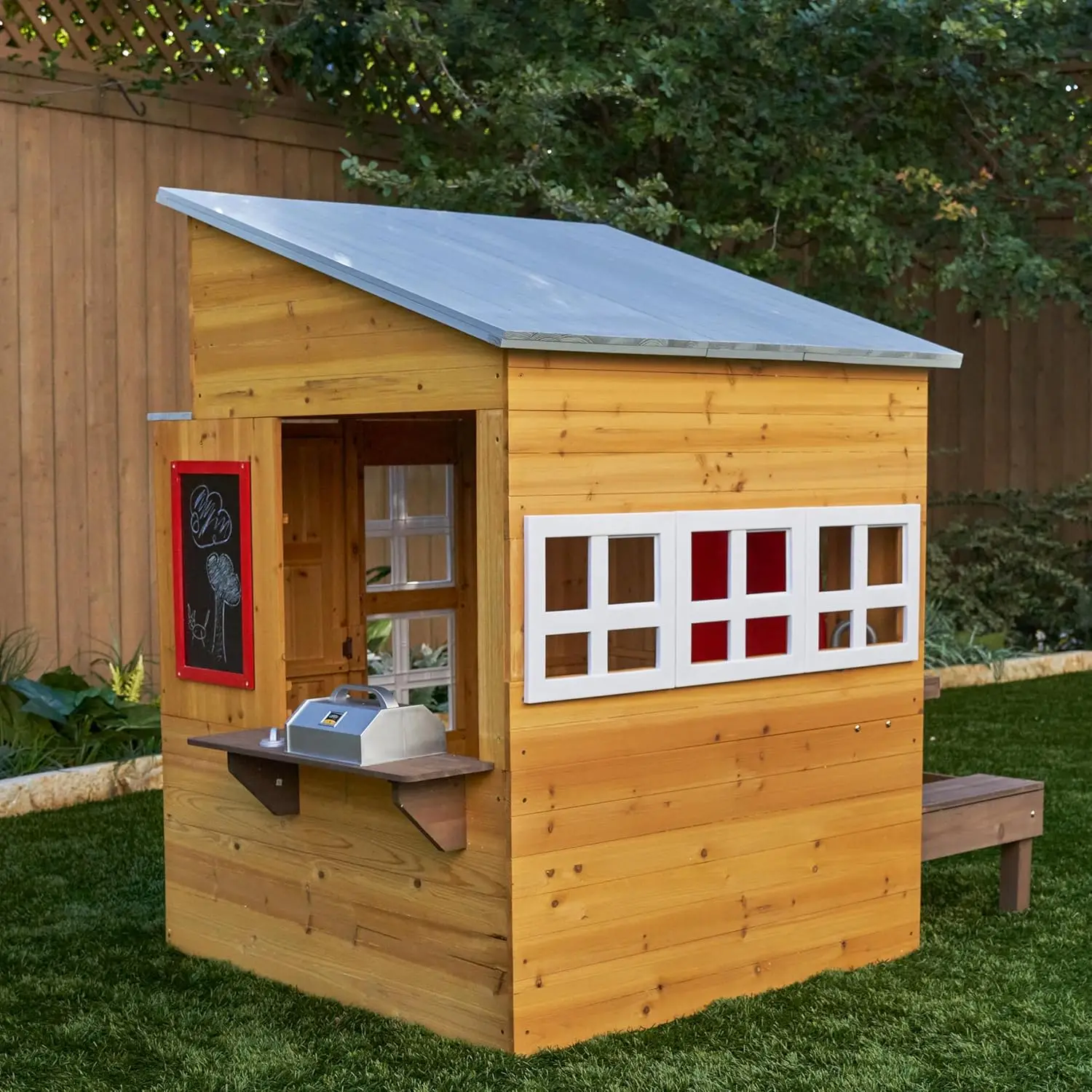 Modern Outdoor Wooden Playhouse with Picnic Table Mailbox and Outdoor Grill Gift for Ages 3+ Front door opens and closes