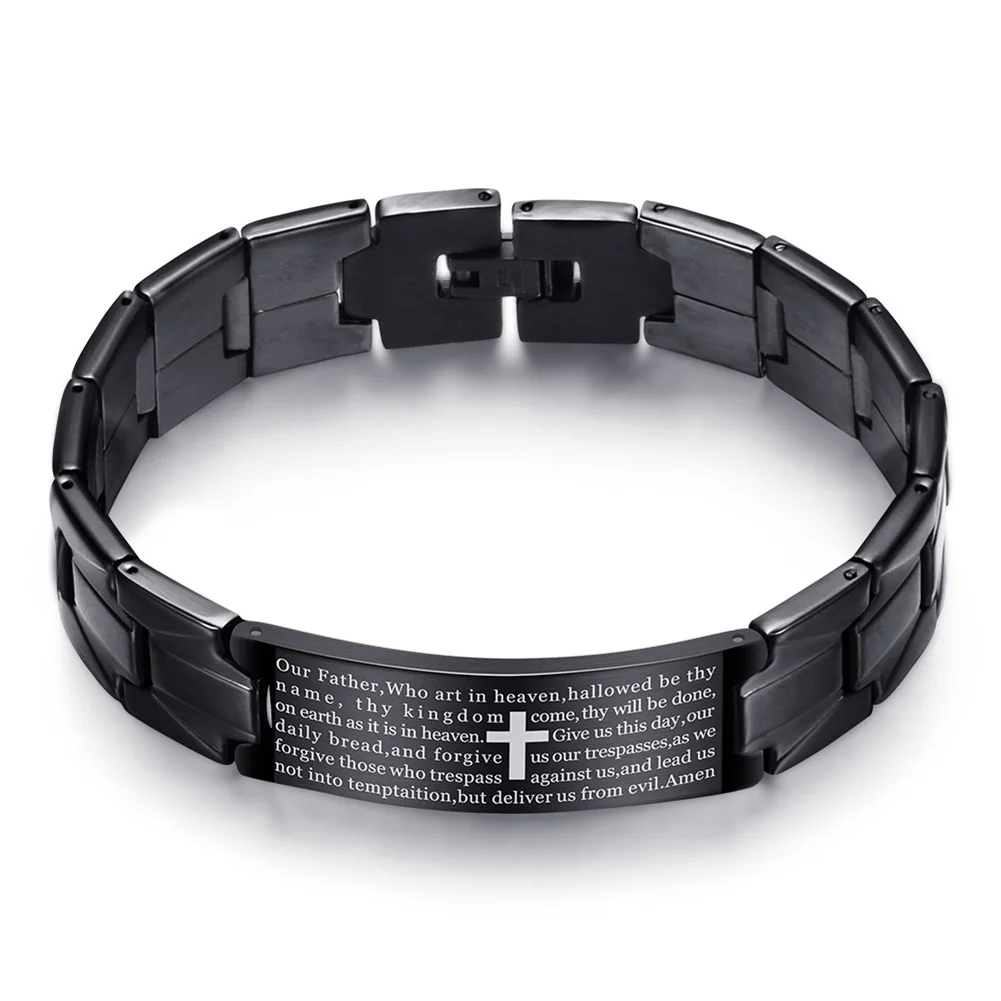 Men Bracelet Stainless Steel Cross English Prayer Casual Bangle Gift