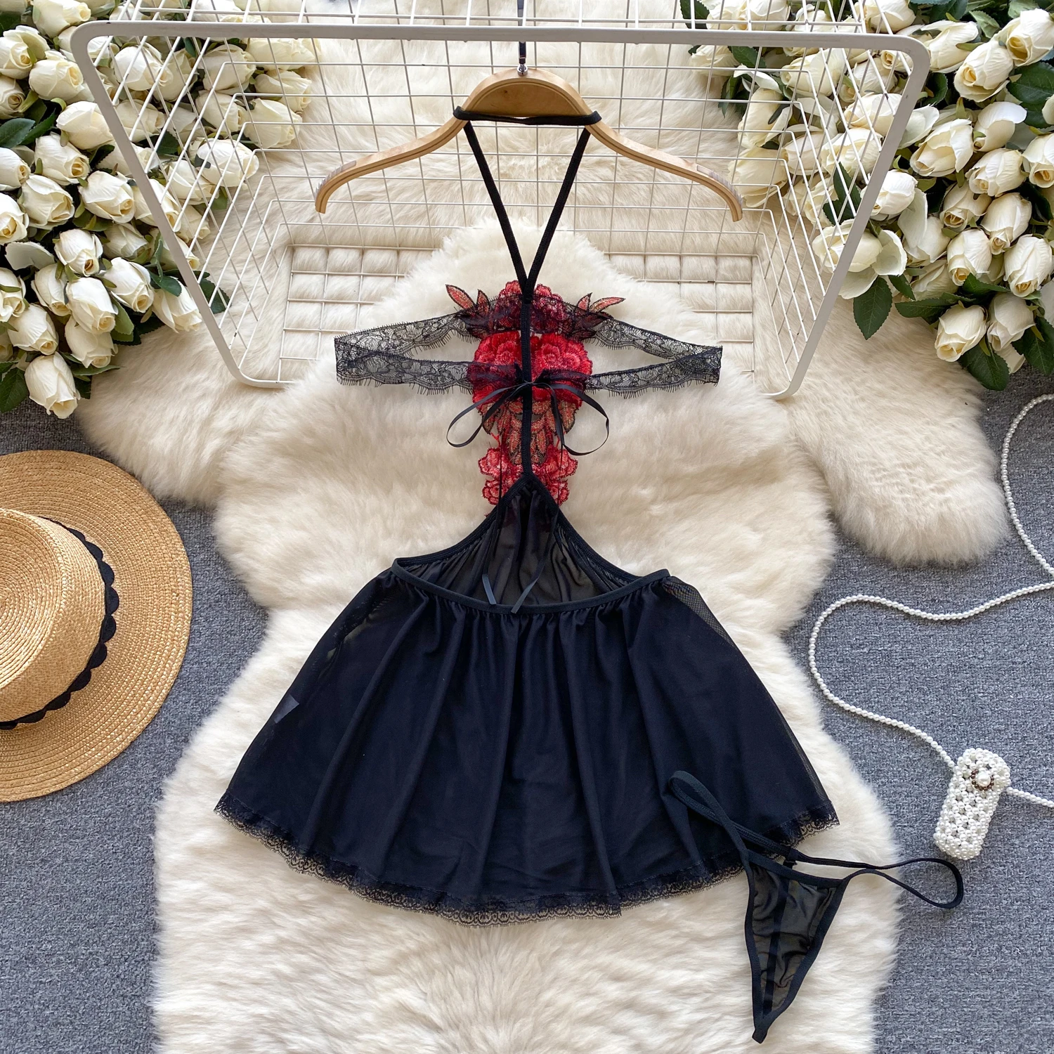 Neues Schlafkleid mit bestickter Blume und offener Brust, leidenschaftliche, reine, lustige Unterwäsche, sexy Uniform, durchsichtiges Netz, Hotsweet, aushöhlen