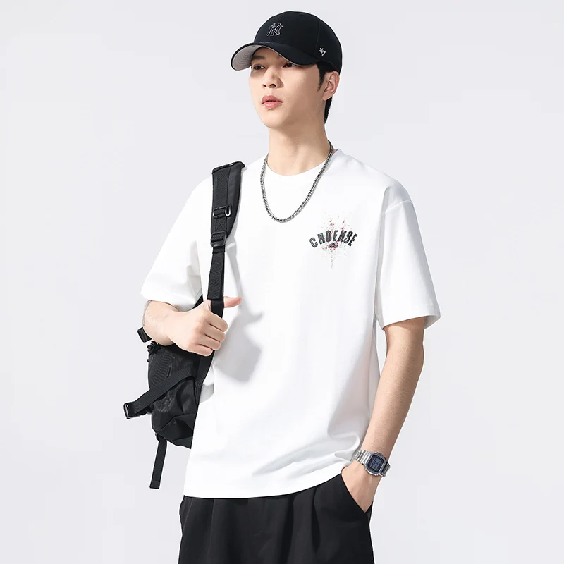 

HJS218 Summer cool feeling men's short-sleeved stretchy printed models senior simple black and white short T-shirt fashion trend