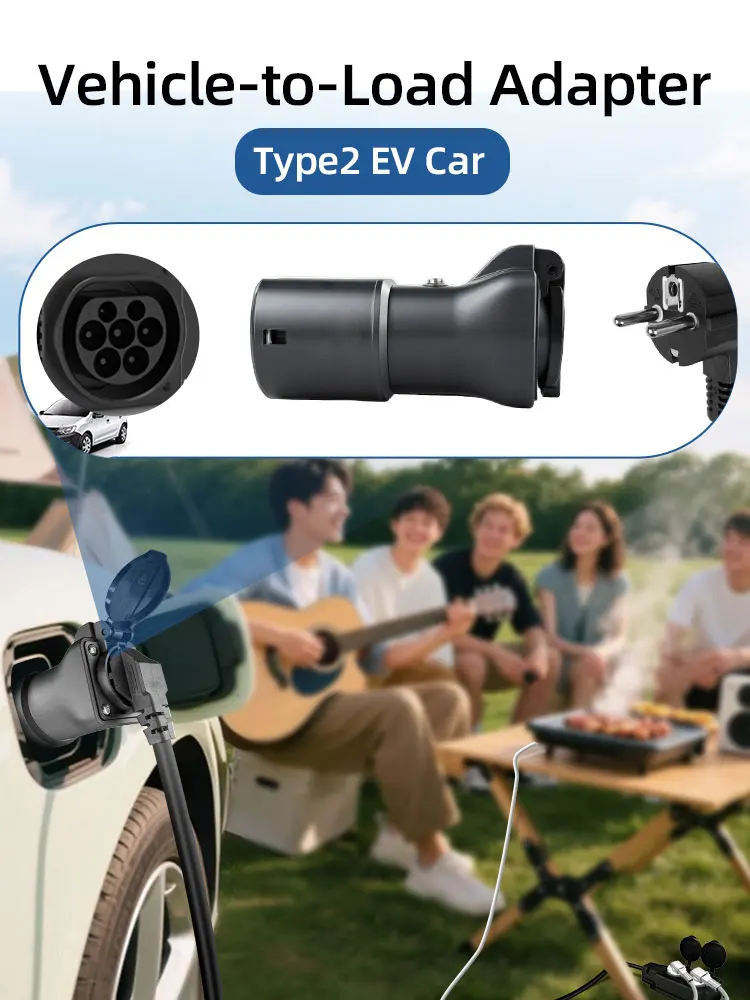 EVqiaoyi Type2 V2L-ontladingsadapter, voertuig-naar-laadstekker met uit-schakelknop voor Jaecoo 7, BYD, MG, Renault - afbeelding 2