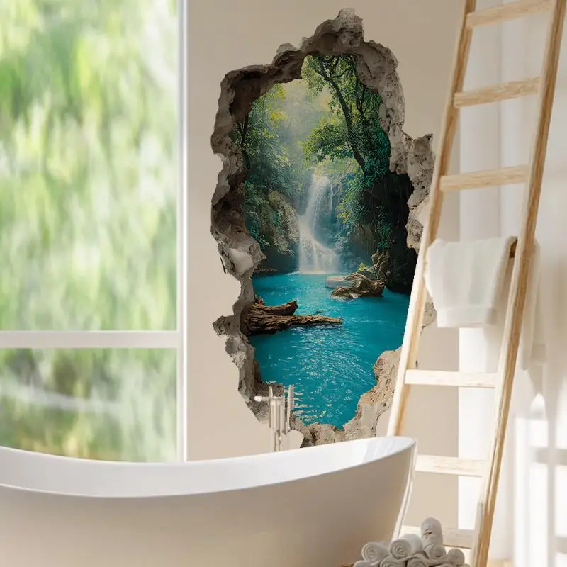 Creative Hole Valley Waterfall Scenic Wall Stickers Landscape Wall Stickers For Bedrooms Room Bathroom Home Decoration Stickers
