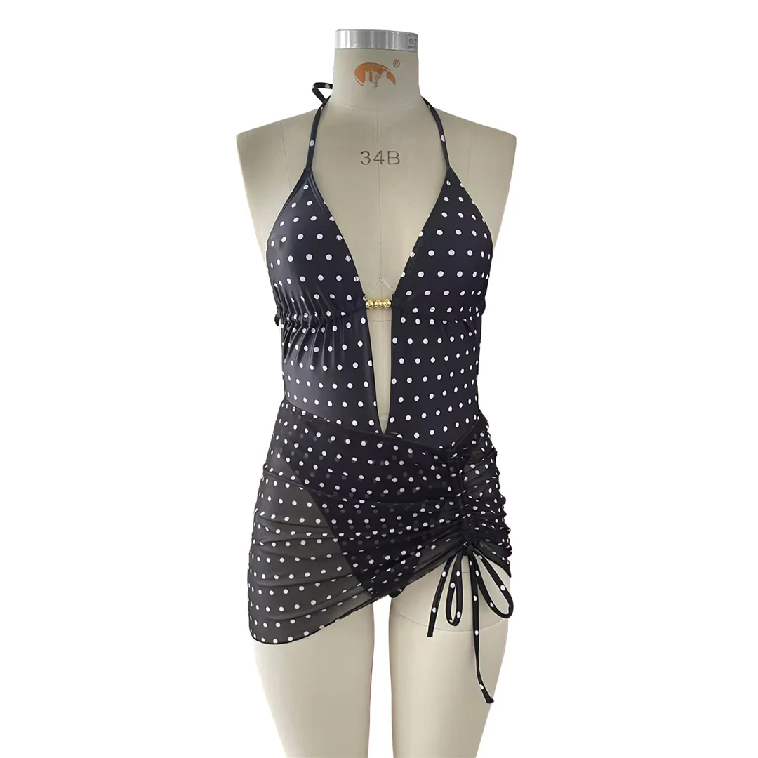 S - XL Polka Dot mit Rock, tiefer V-Ausschnitt, Damen-Badeanzug, einteiliger Badeanzug, Damen-Halterneck-Monokini, Badebekleidung, Badeanzug, Modell V8542. – Detail 11