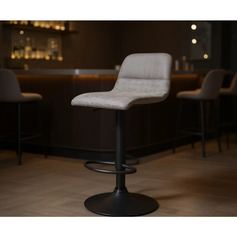 

Комплект из двух барных стульев на высоту прилавка, регулируемой высоты, без спинки, с подставкой для ног, в деревенском винтажном стиле, из серой кожи.