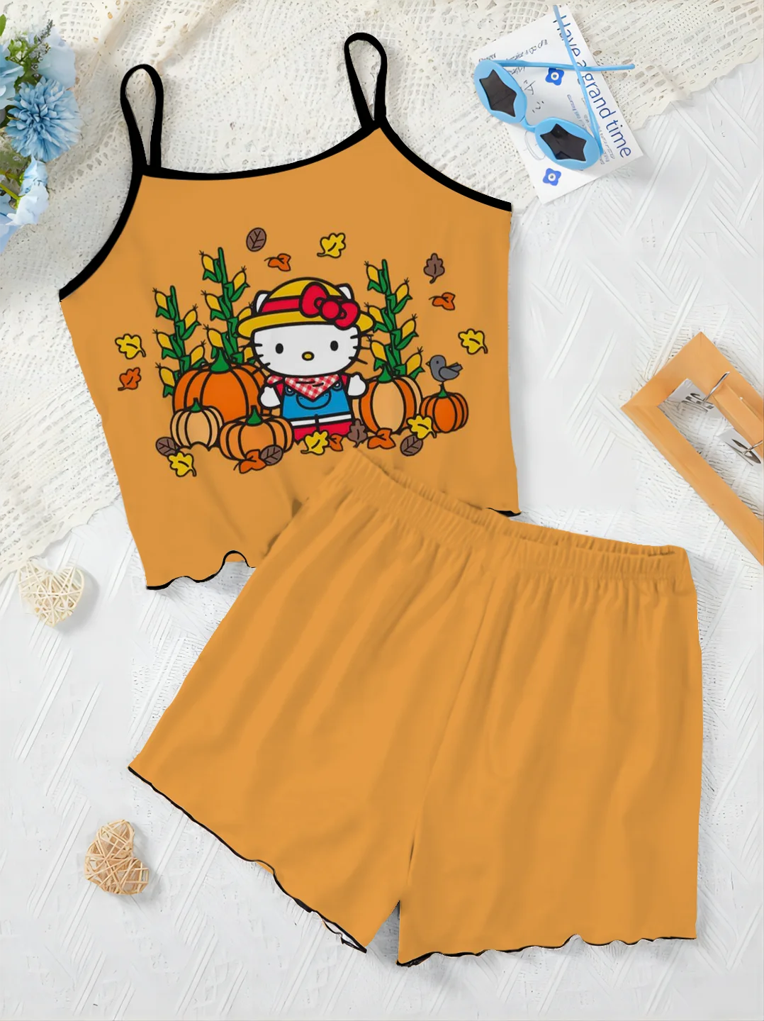 

Women's Suit Summer Outfit Pajama Skirt Pants Sets Slip Dress Hello Kitty T-shirt Top Lettuce Trim Disney Pieces Short Elegant