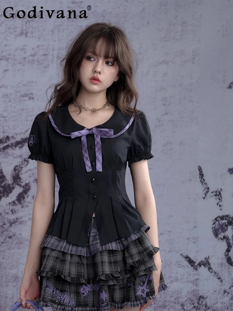 

Elegant Black Purple Puff Short Sleeve Sweet Peter Pan Collar Shirt Cute Girls Summer New Bow Black Versatile Age Reduction Top