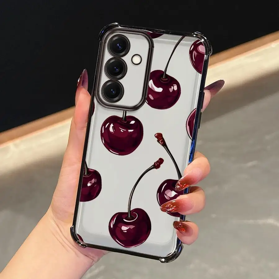 Luxury Wine Red Cherry Print Case for Samsung Galaxy A26 A25 A15 A21s A16 A13 A35 A36 A24 A33 A52 A17 Phone Cover