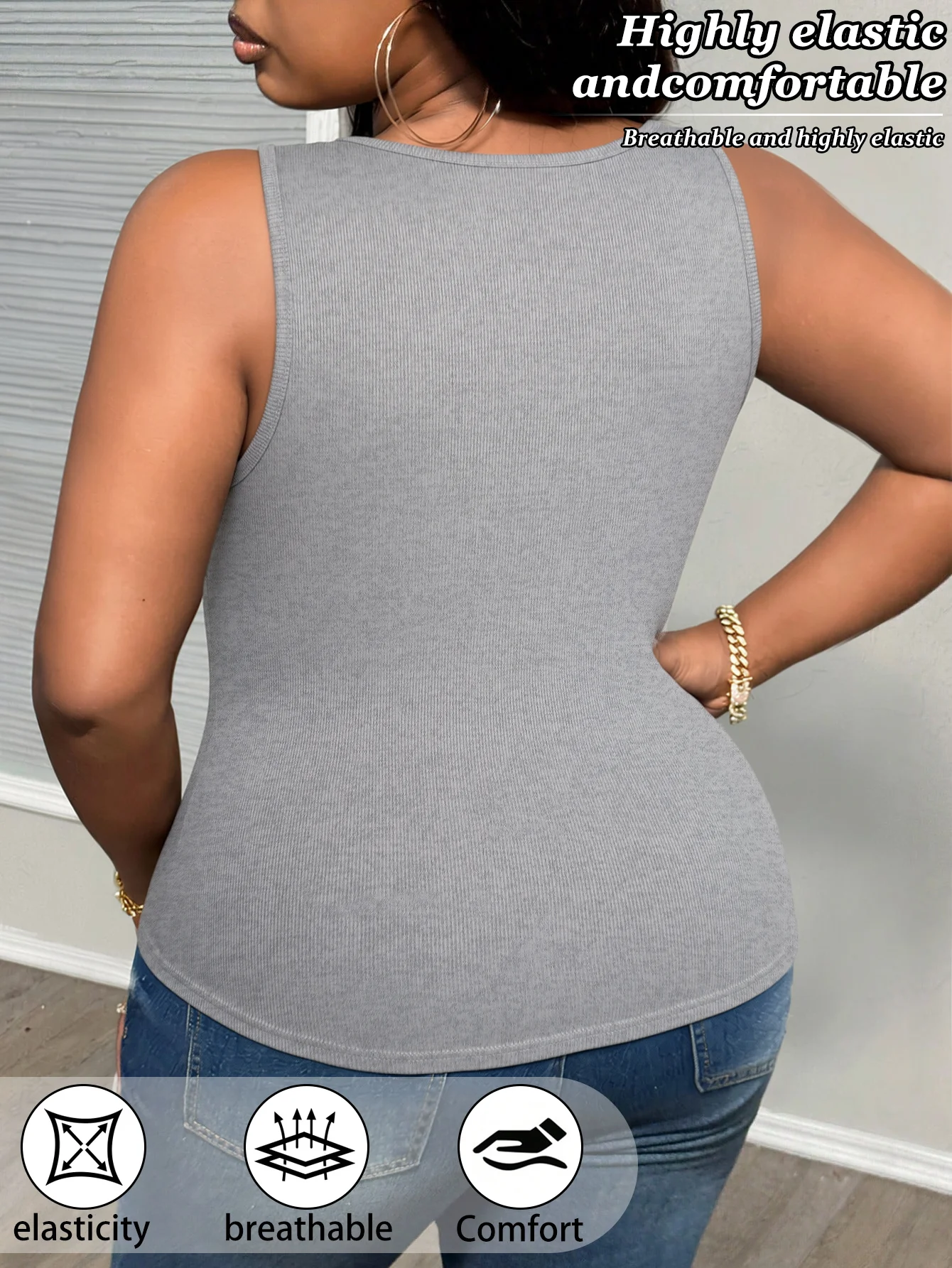 3-Pack Plus Size Lace V-Neck Vests, Wide Strap Slim Ribbed Undershirts, Women's Casual Sleeveless Tops view 5