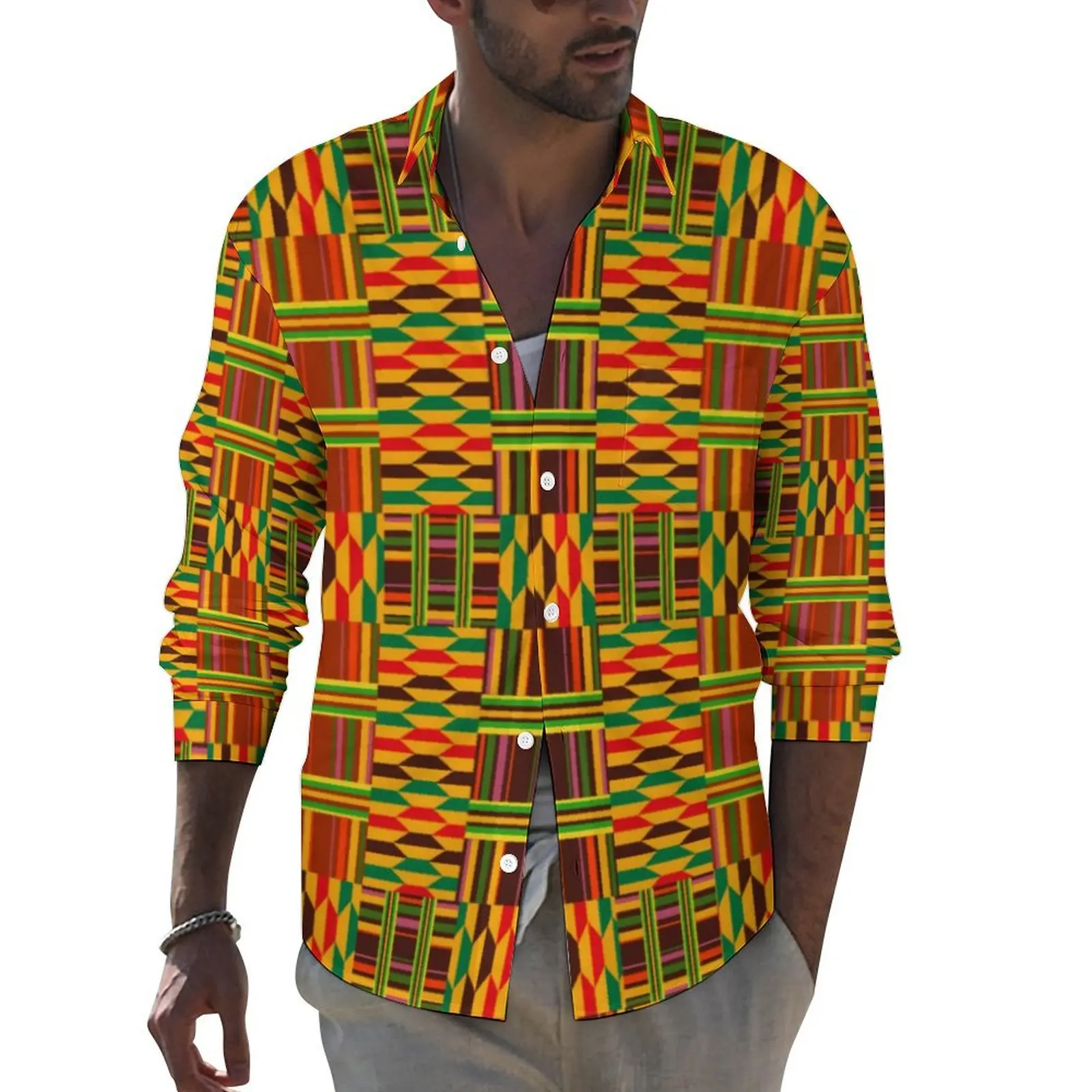 

Винтажная рубашка в африканском стиле, цветные повседневные рубашки Kente, забавные весенние свободные блузки на заказ с длинным рукавом, Одежда большого размера