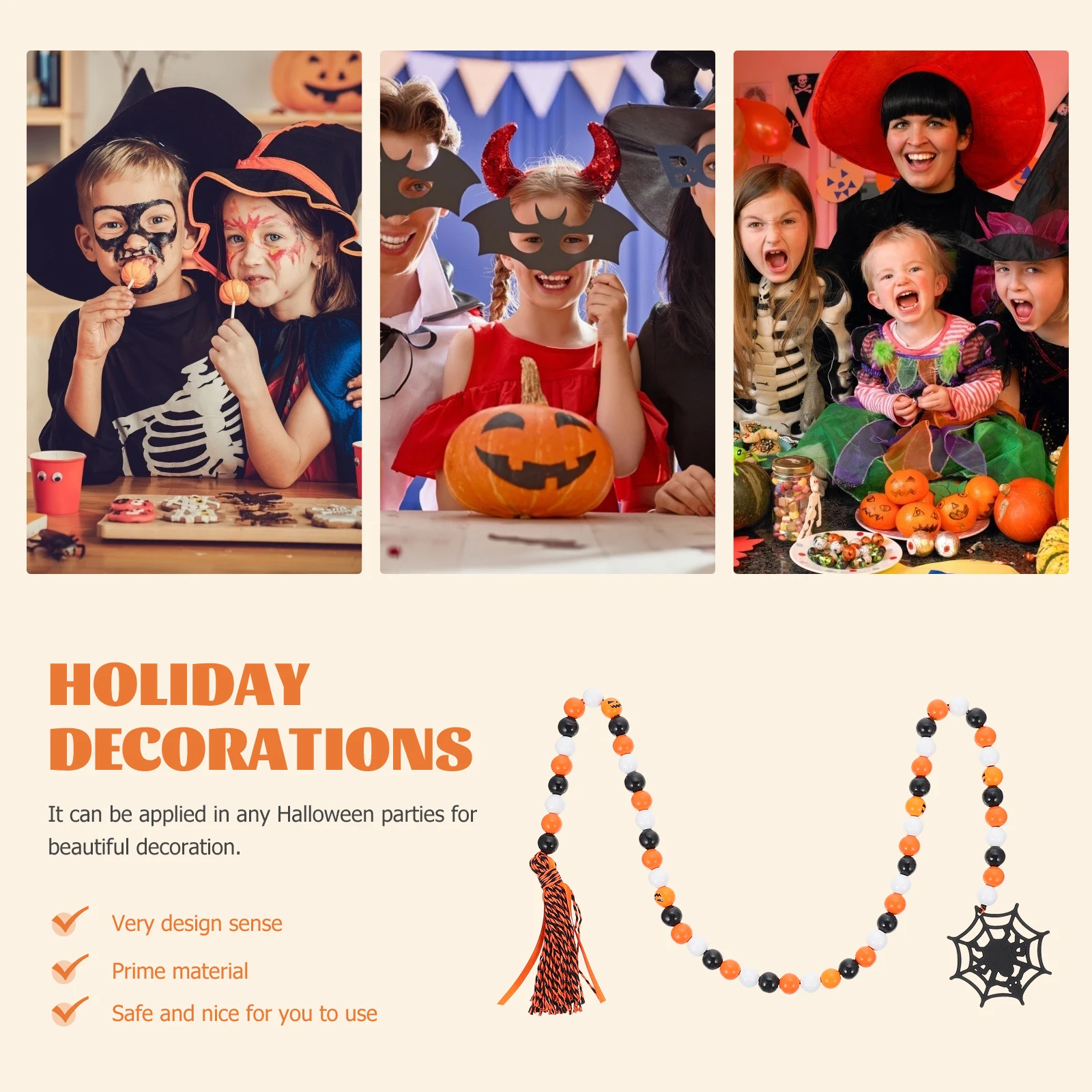 

Wooden Bead Hanging Decor Halloween Beaded Garland Rustic Wall Art Tassel Beading Ornament Vintage Mantel Centerpiece Home