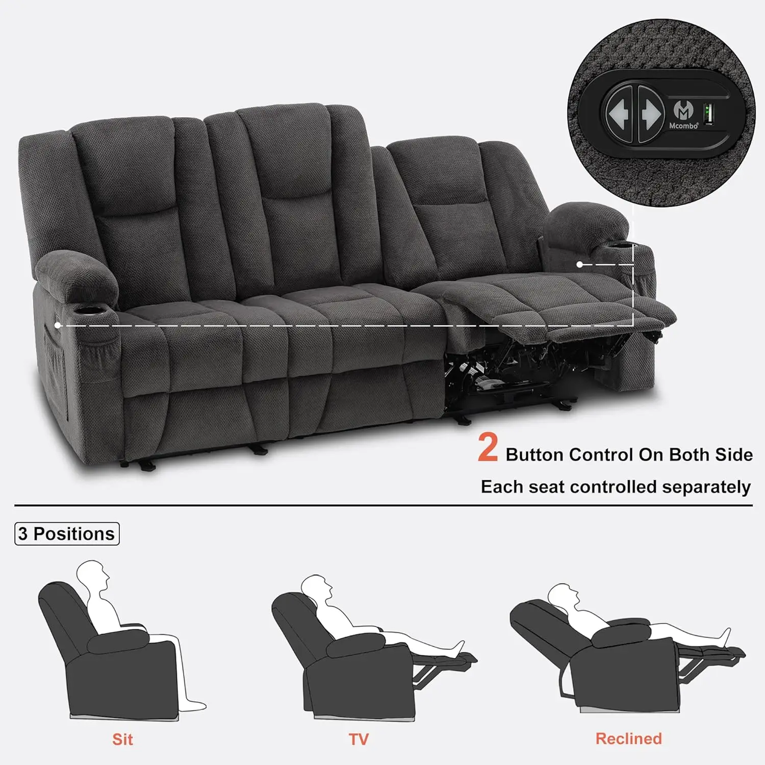 Power Reclining Sofa with Heat and Vibration USB Ports Cup Holders 3 Seat Dual Recliner Sofa for Living Room Gray