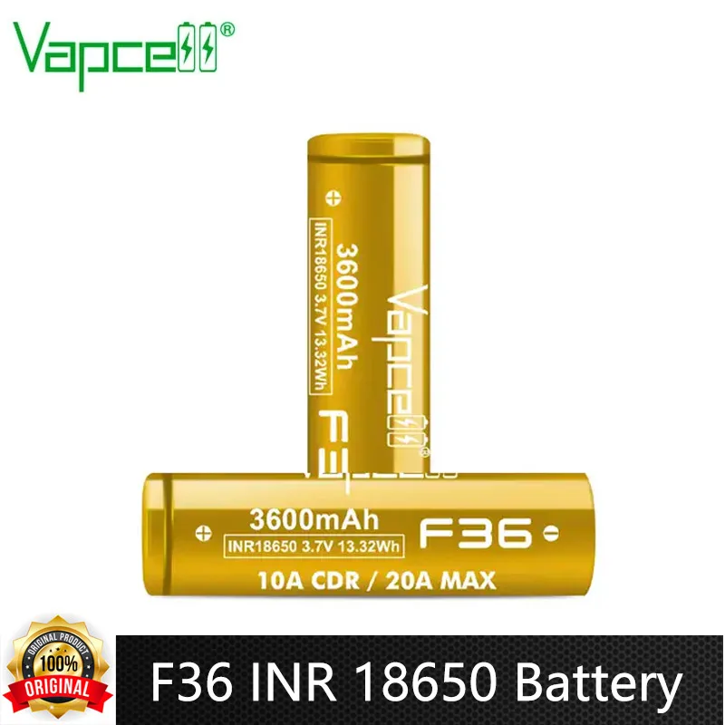 High quality Vapcell F36 INR 18650 Battery 3600mah Capacity CDR 10A Max 20A 3.7V  Rechargeable Li-ion battery For Flashlight